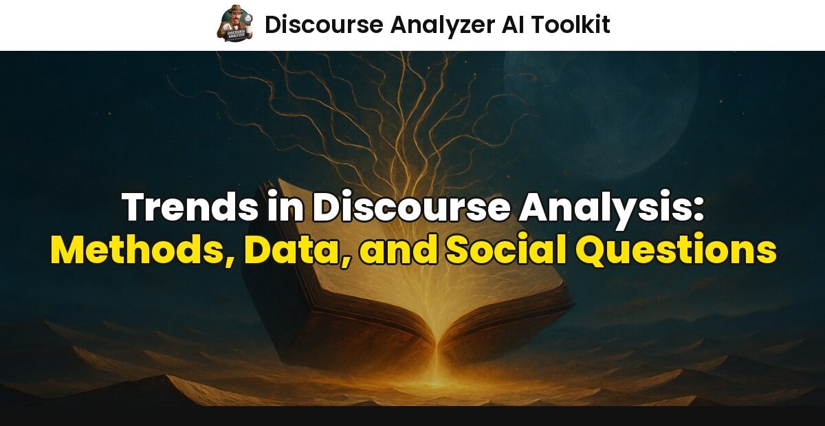 A floating blank manuscript releasing luminous threads that represent connected forms of discourse analysis.